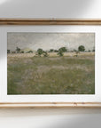 Vintage Landscape Painting - Muted Green Field Trees L245