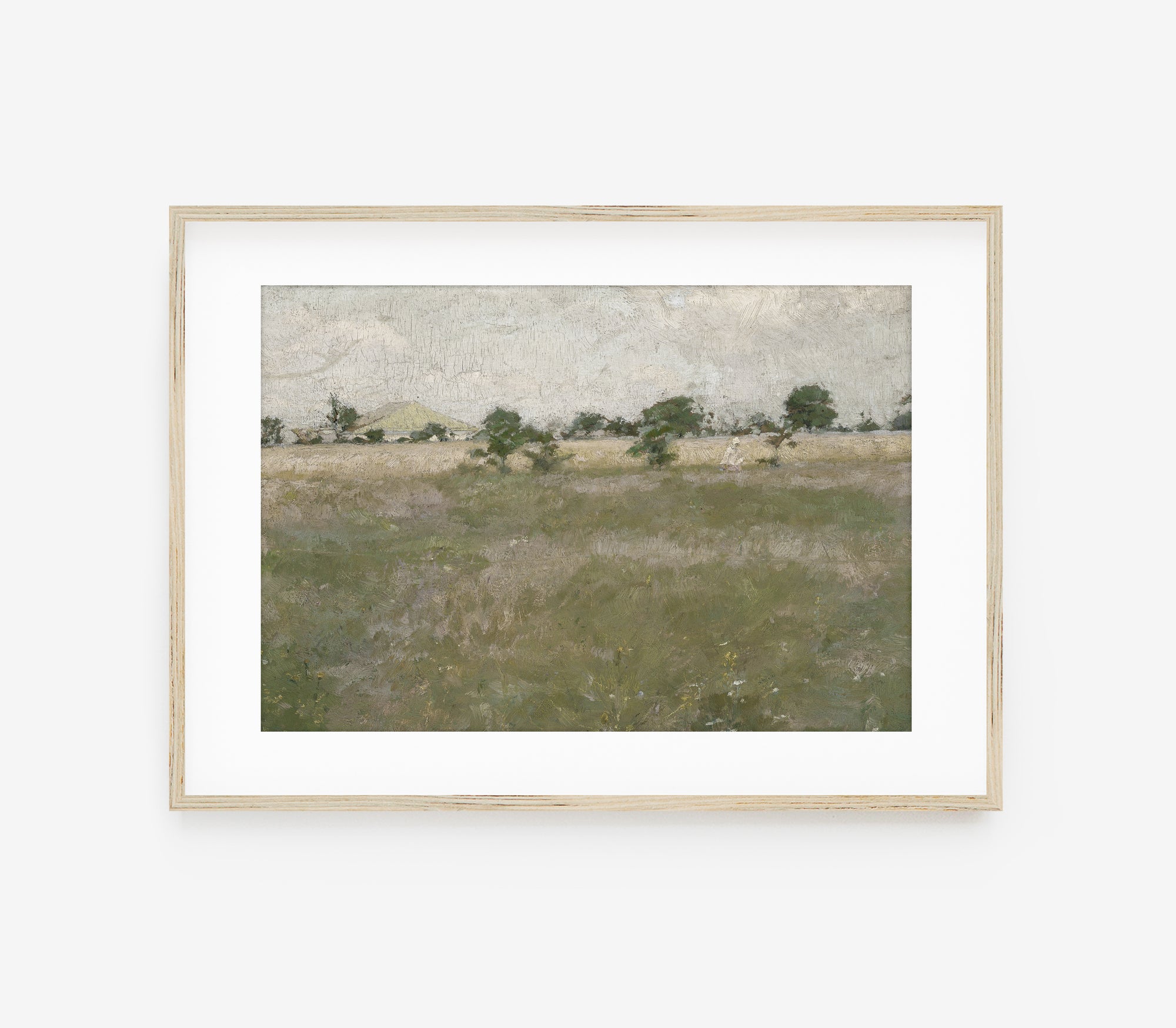 Vintage Landscape Painting - Muted Green Field Trees L245