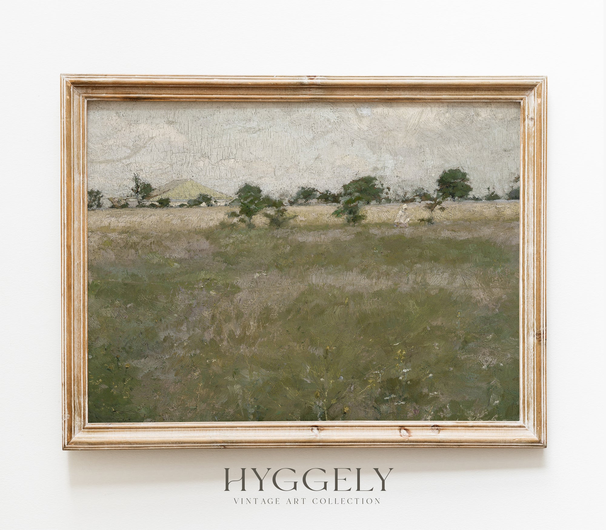 Vintage Landscape Painting - Muted Green Field Trees L245