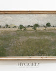 Vintage Landscape Painting - Muted Green Field Trees L245