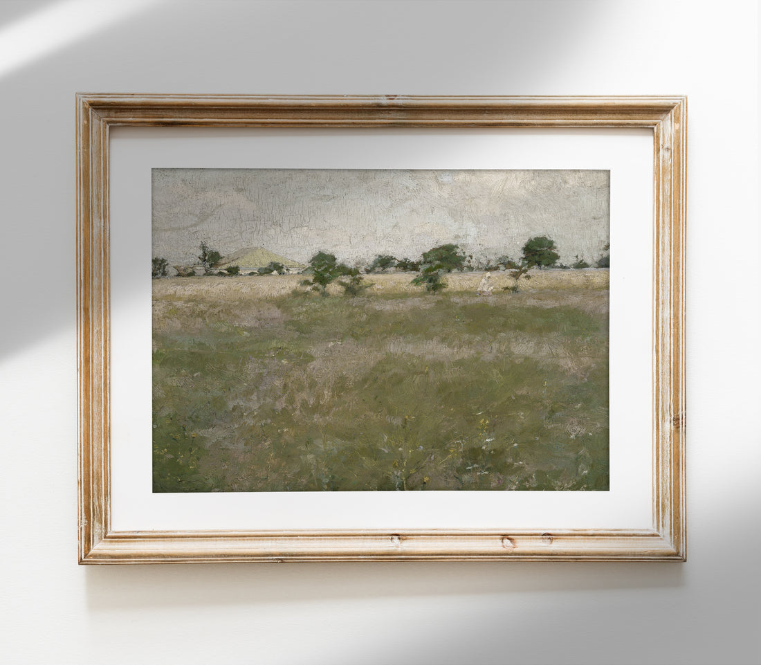 Vintage Landscape Painting - Muted Green Field Trees L245