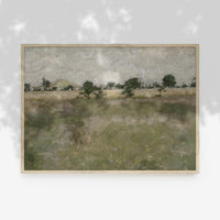 Vintage Landscape Painting - Muted Green Field Trees L245